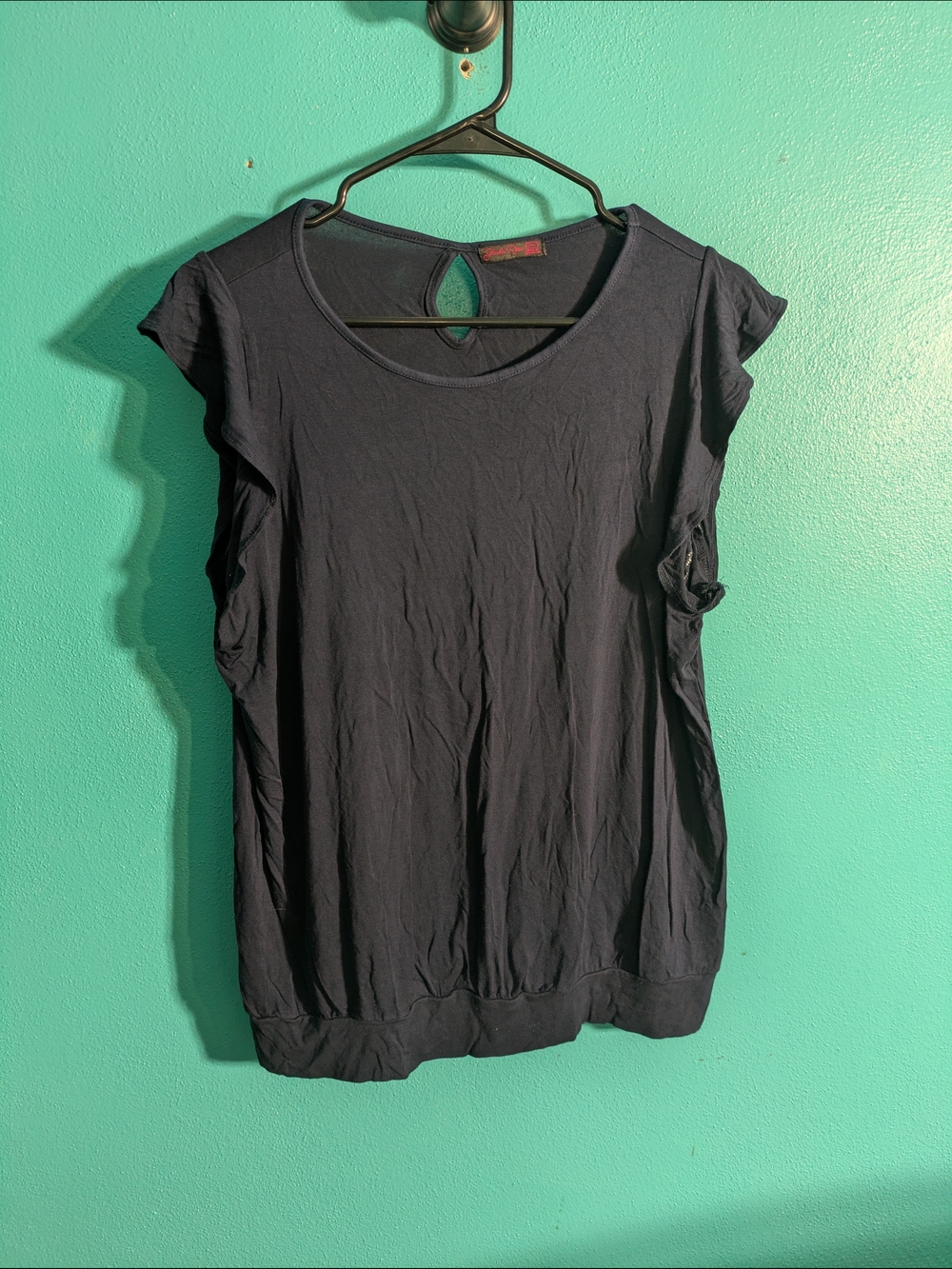 Women's Navy Short Sleeve Scoop Neck Top Ruffle Sleeve